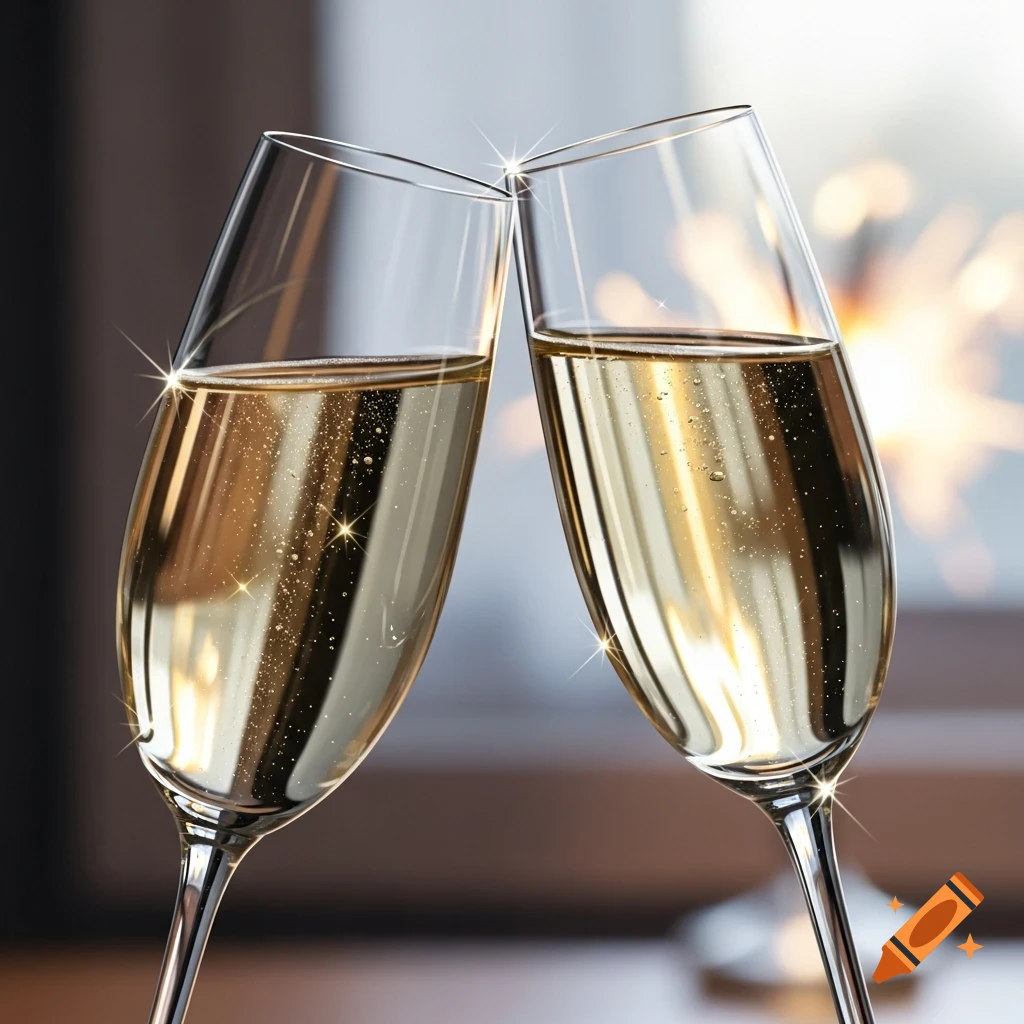 Two elegant champagne flutes clinking, filled with golden bubbly liquid, against a sparkling festive background.