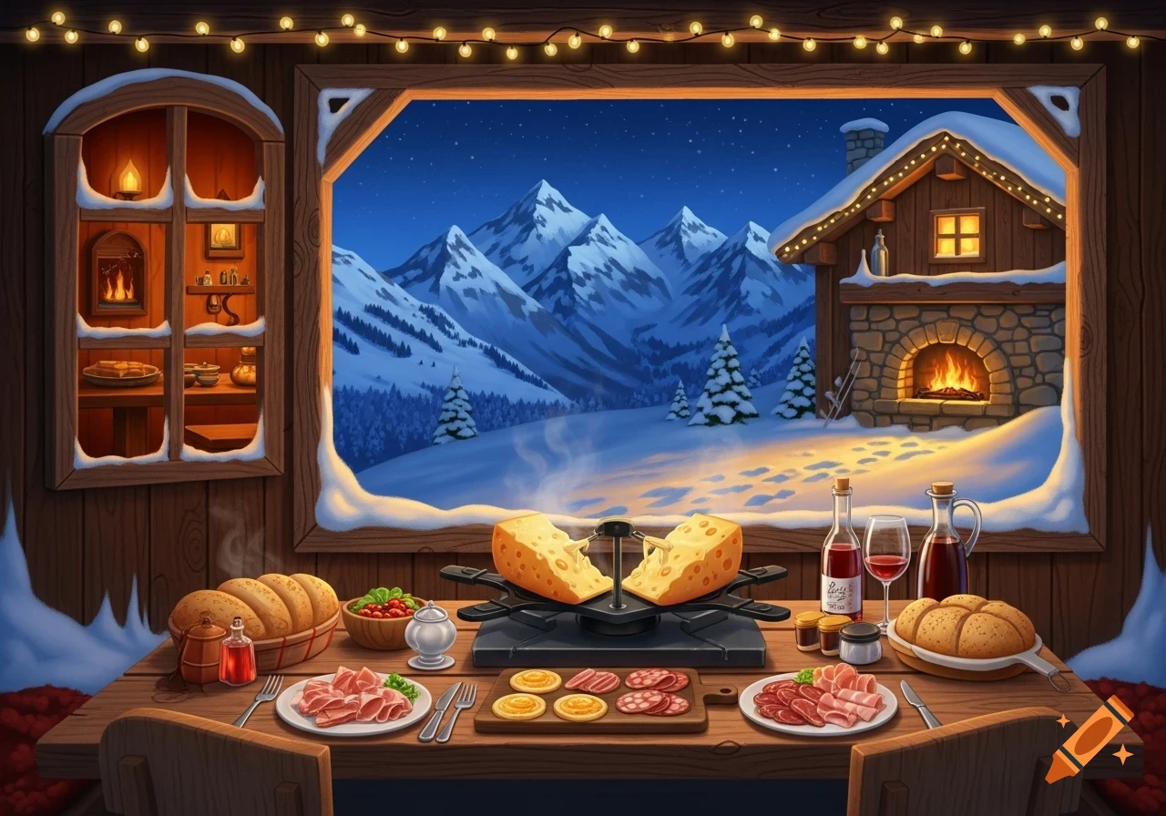 A vibrant illustration of a raclette dinner inside a cozy wooden cabin, overlooking a snowy mountain landscape and another cabin under a starry night sky.