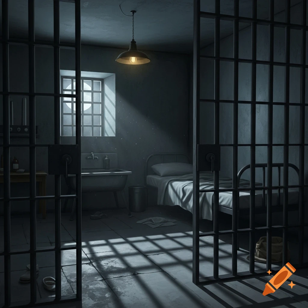 A dark, somber prison cell with a single bed, a sink, and a barred window, illuminated by a hanging lamp.