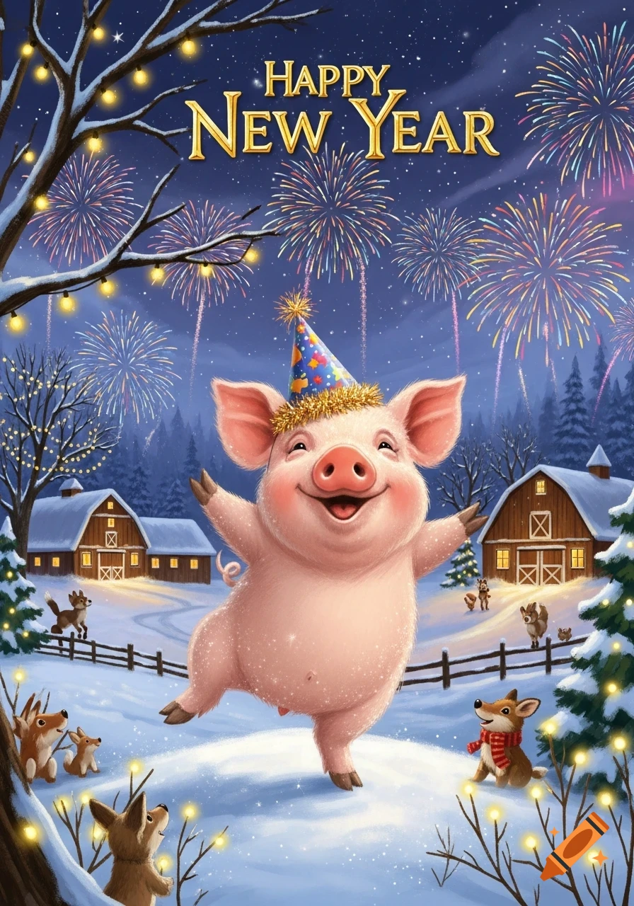 A happy cartoon pig in a party hat dances in a snowy village with fireworks and text "HAPPY NEW YEAR".