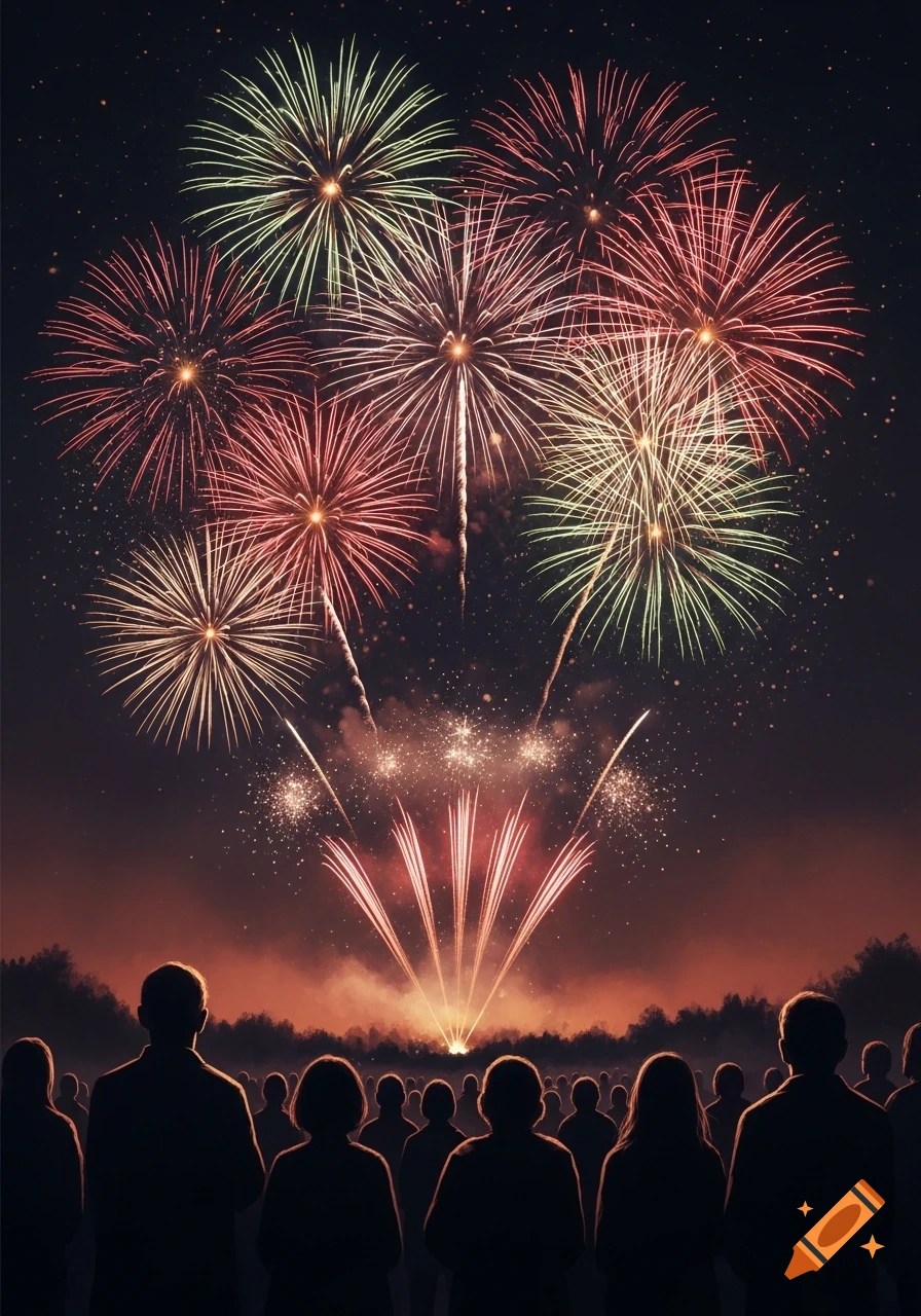 Silhouettes of a crowd watch a grand fireworks display bursting in red, green, and gold against a dark night sky.