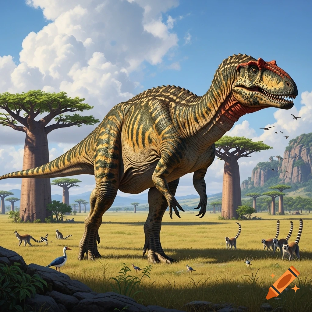 An enormous Majungasaurus dinosaur roams a sunlit savanna with baobab trees and lemurs.