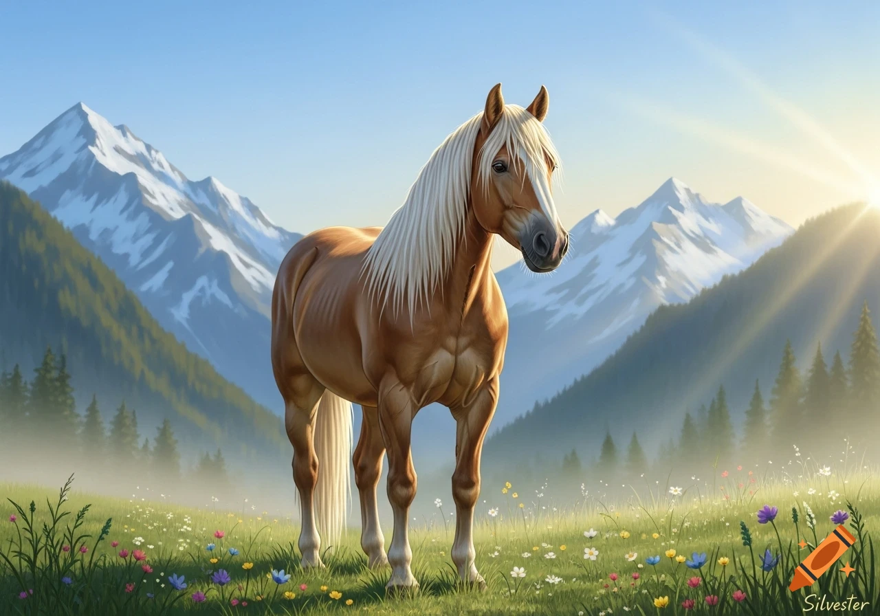 A golden-maned horse stands in a vibrant mountain meadow with wildflowers and snow-capped peaks at sunrise.