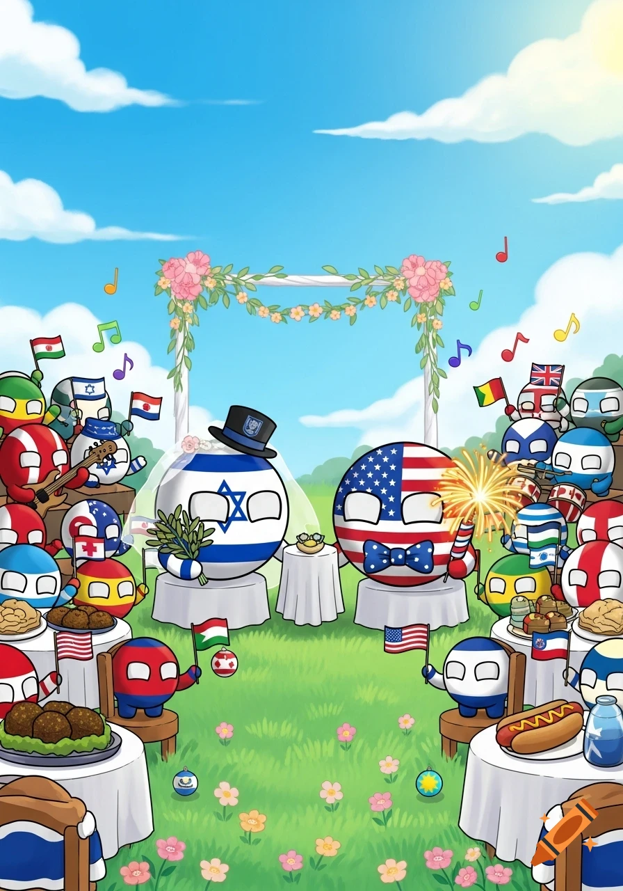 Cartoon countryballs of Israel and USA get married outdoors, surrounded by other countryball guests at a vibrant wedding celebration.