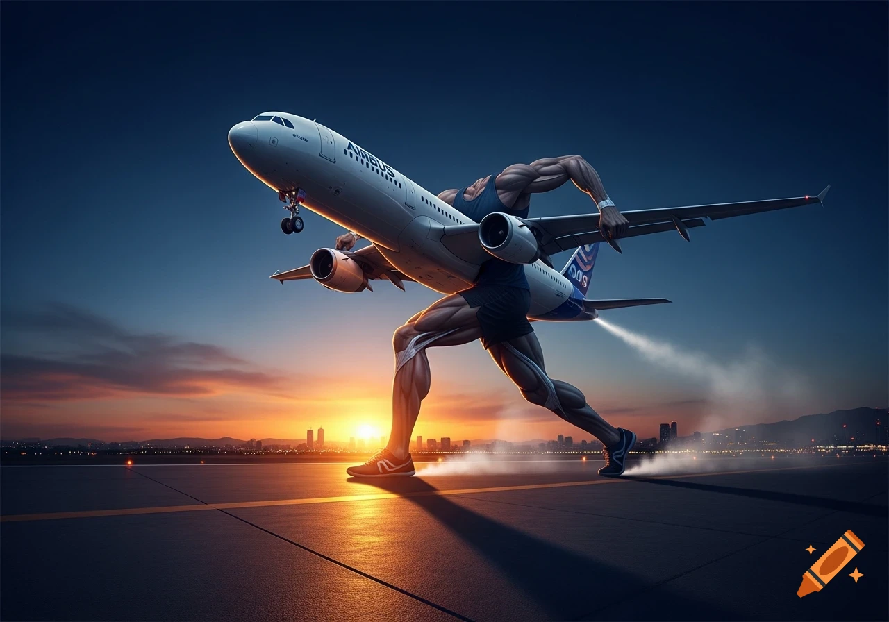 A muscular man, integrated with an Airbus plane, runs on an airport runway at sunset with a city in the background.