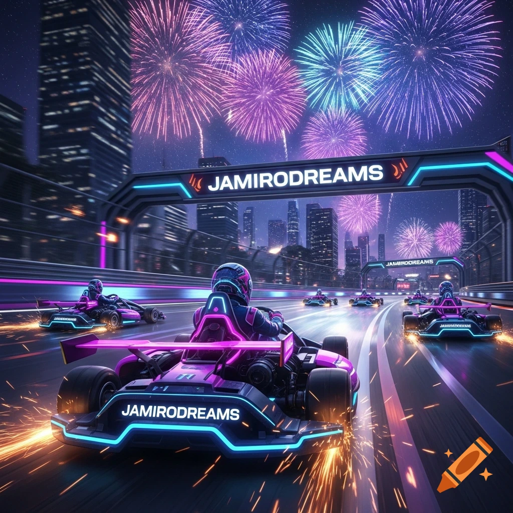 Neon-lit go-karts race on a city track at night, with purple and blue fireworks exploding over skyscrapers. Vibrant, futuristic scene.
