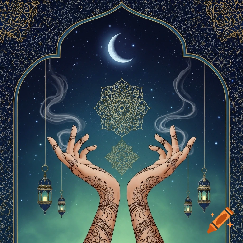 Illustrative hands with henna designs raised under a crescent moon and starry sky within an ornate Islamic arch, with lanterns.
