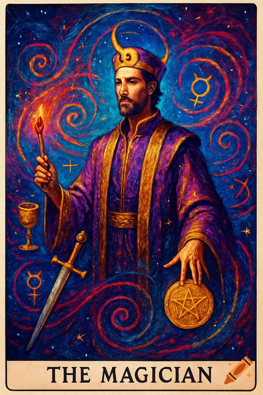 A man in a purple robe and horned crown, holding a flaming wand, with mystical symbols and cosmic swirls. Text "THE MAGICIAN".