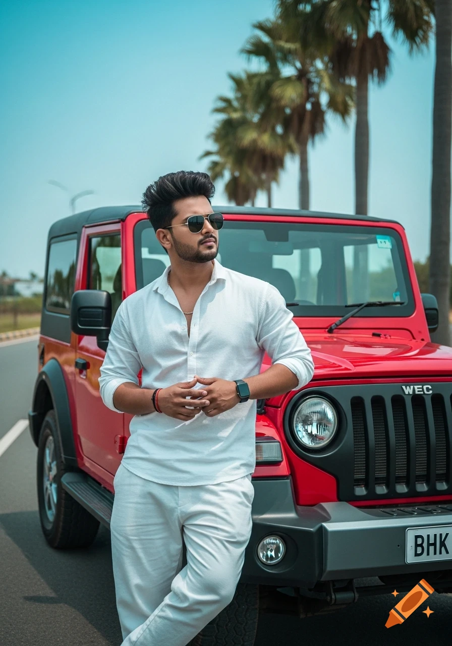 A stylish man in a white kurta and white pants, wearing sunglasses and a smartwatch, leans against a red Jeep Thar on a sunny day with palm trees in the background.