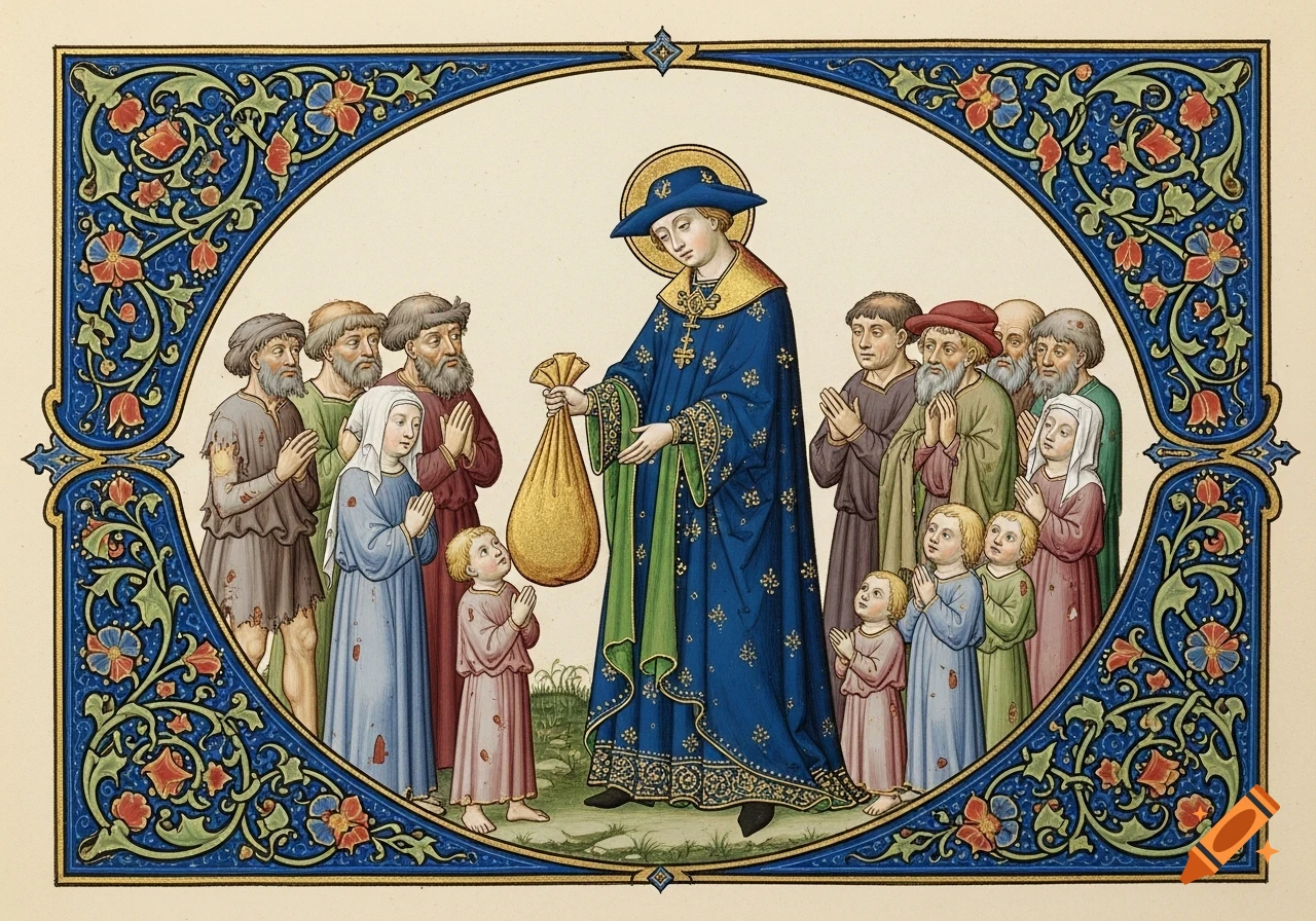 A medieval illuminated manuscript shows a haloed figure in blue robes distributing a sack of gold to poor people and children, framed by an ornate floral border.
