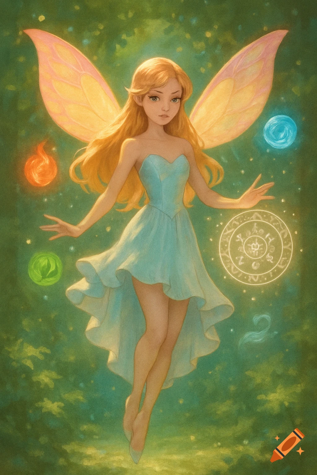 An anime-style fairy with long blonde hair, pale wings, and a light blue dress, floats surrounded by glowing elemental orbs and a magical symbol against a green, sparkling background.