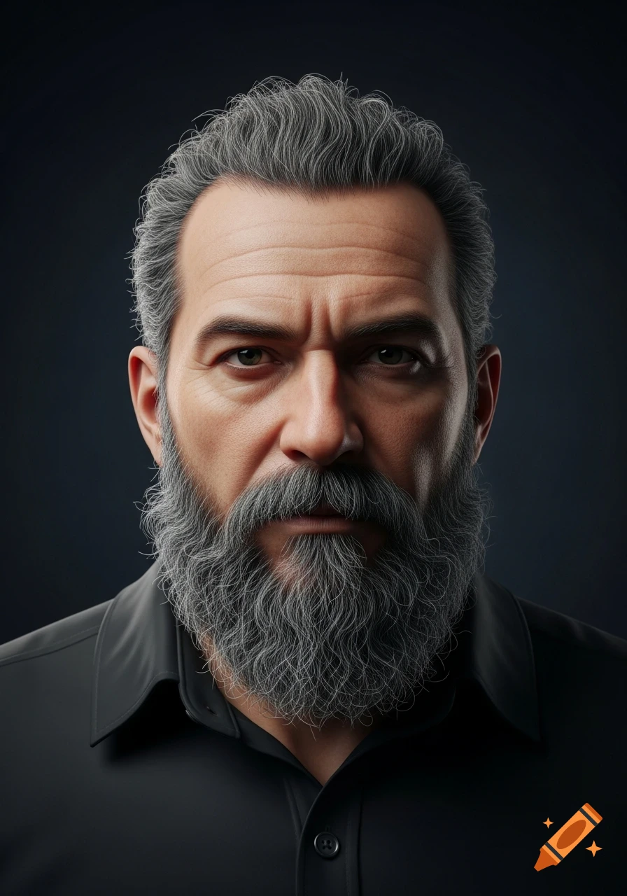 Photorealistic headshot of a serious man with a grey beard and hair, wearing a dark collared shirt against a dark background.