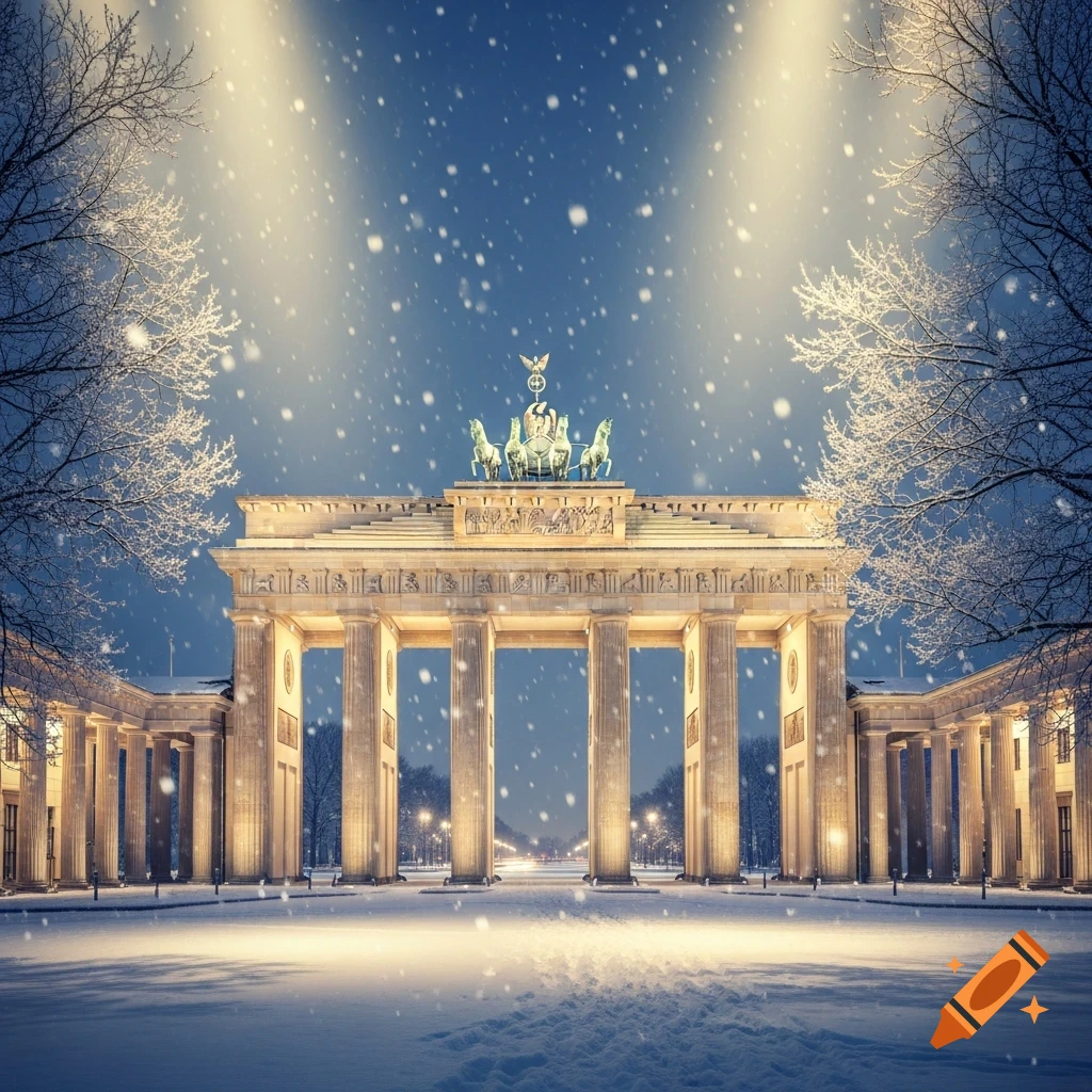 The Brandenburg Gate in Berlin is covered in snow during a winter snowfall, illuminated by warm lights.