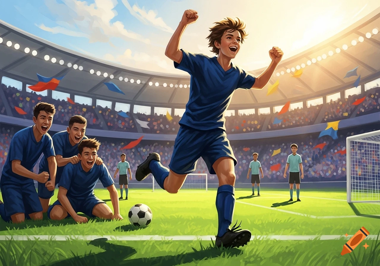 A boy soccer player in blue celebrates a goal with raised fists on a green field, teammates cheering in a sunny stadium.