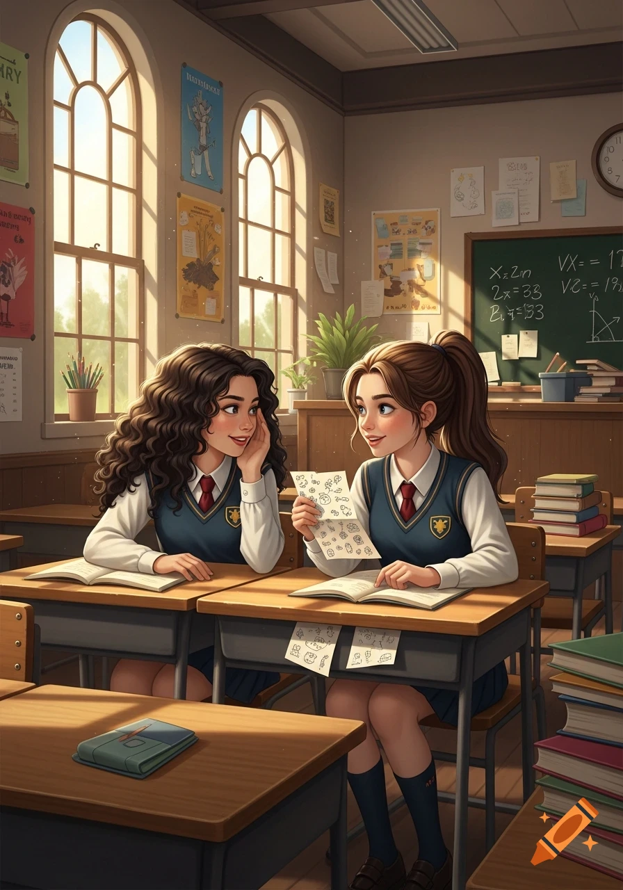 Two smiling schoolgirls in uniform sitting at desks in a sunny classroom, one passing a doodle-filled note to the other.