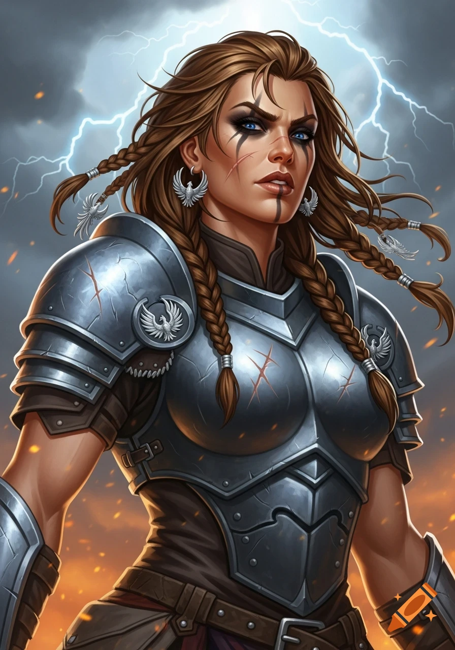 A fierce female warrior with brown braided hair, blue eyes, and war ...
