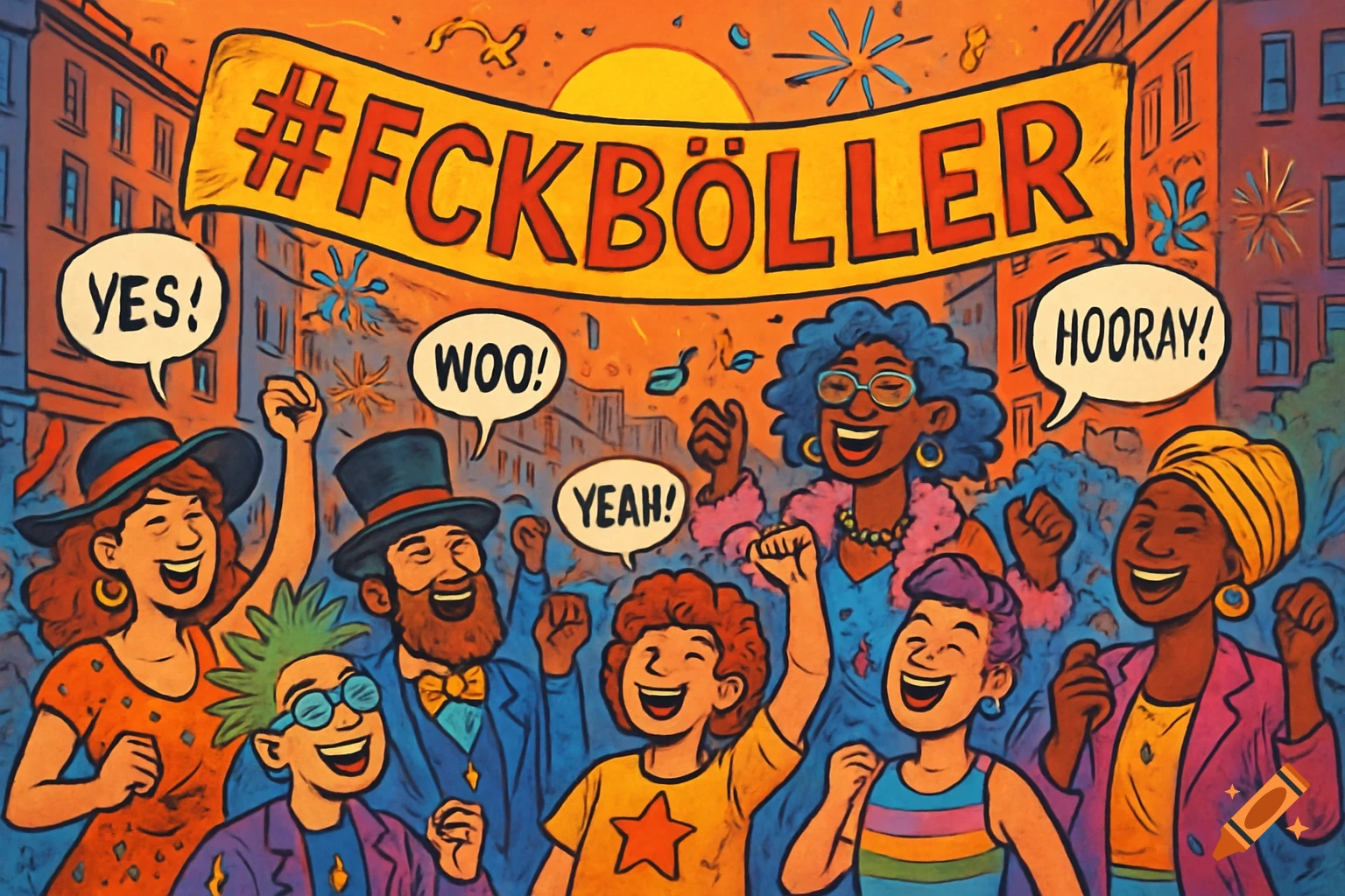 Comic illustration of a diverse group of joyful people celebrating in a city street, raising their fists under a banner reading "#FCKBÖLLER".
