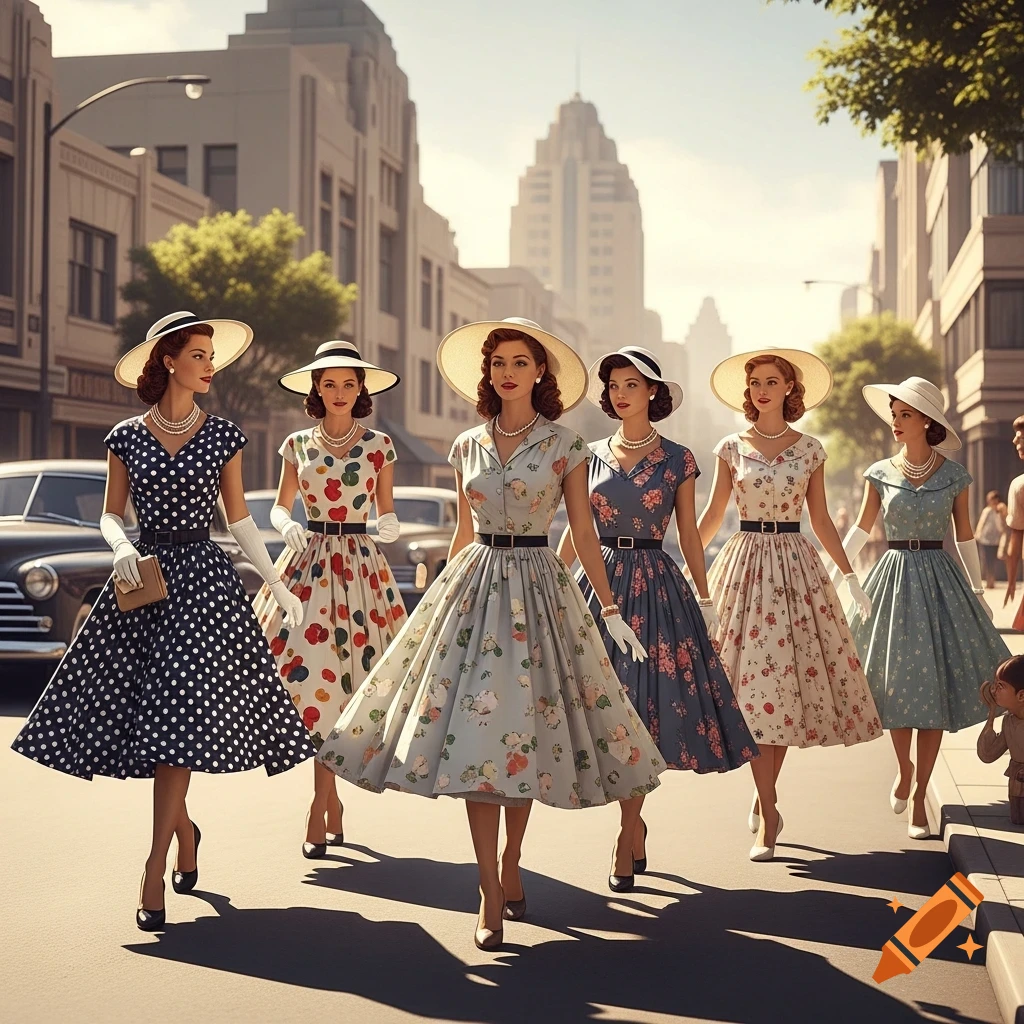 Five women in elegant retro-style dresses and hats walk confidently down a sunny city street, with vintage cars and buildings in the background.
