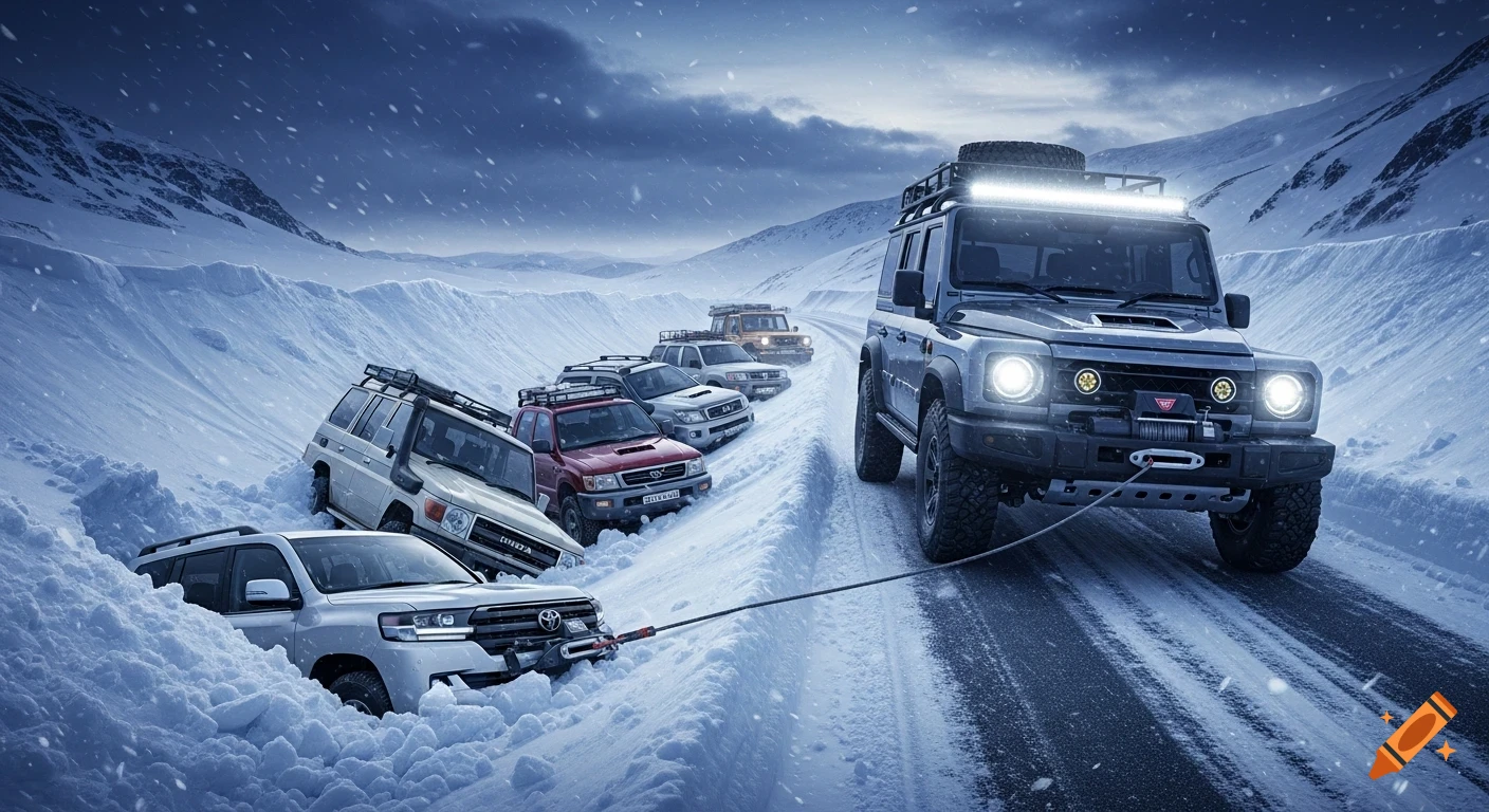 A photorealistic scene of an Ineos Grenadier towing a line of stranded Toyota off-road vehicles in deep snow during a snowy mountain rescue.