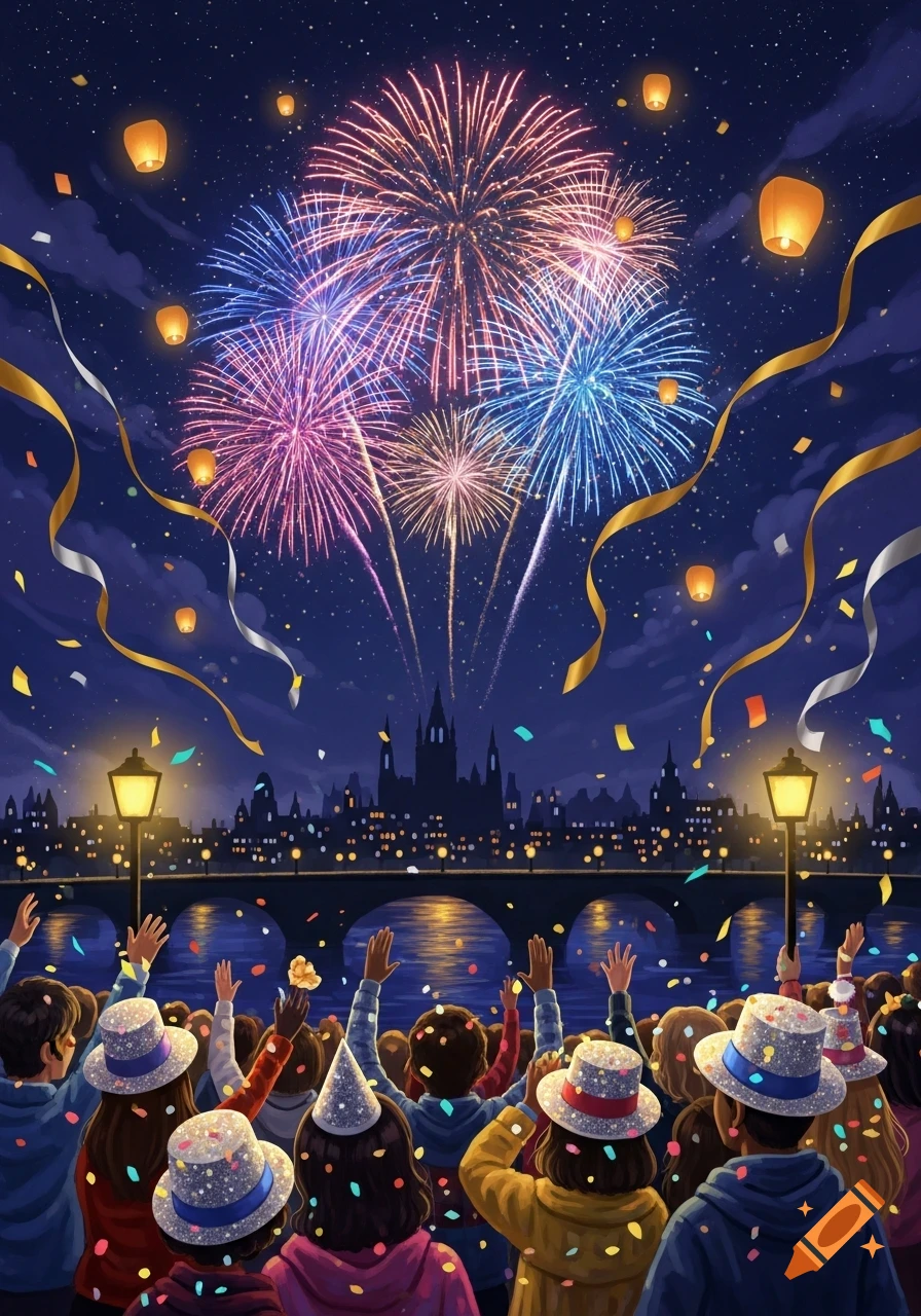 Vibrant illustration of a crowd celebrating under colorful fireworks and sky lanterns over a city skyline at night.