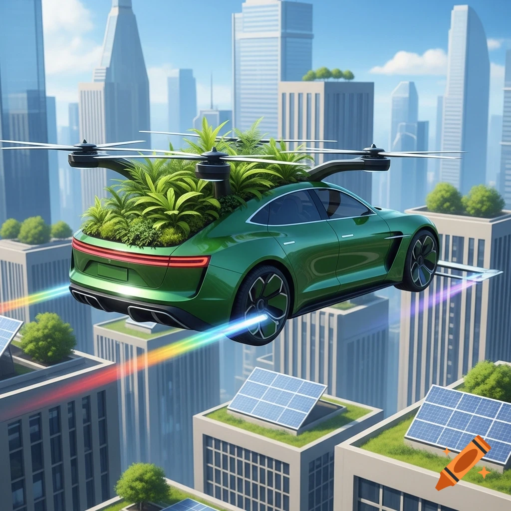 A vibrant green flying car with lush plants in its open trunk hovers above a modern city with solar panels on buildings.