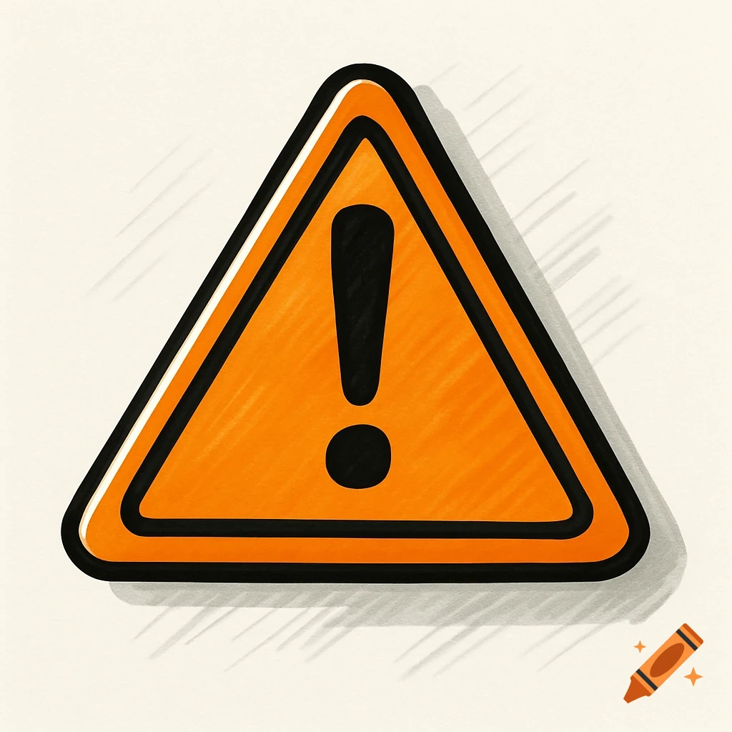 Hand-drawn orange triangular warning sign with a black exclamation mark in Bikablo style.