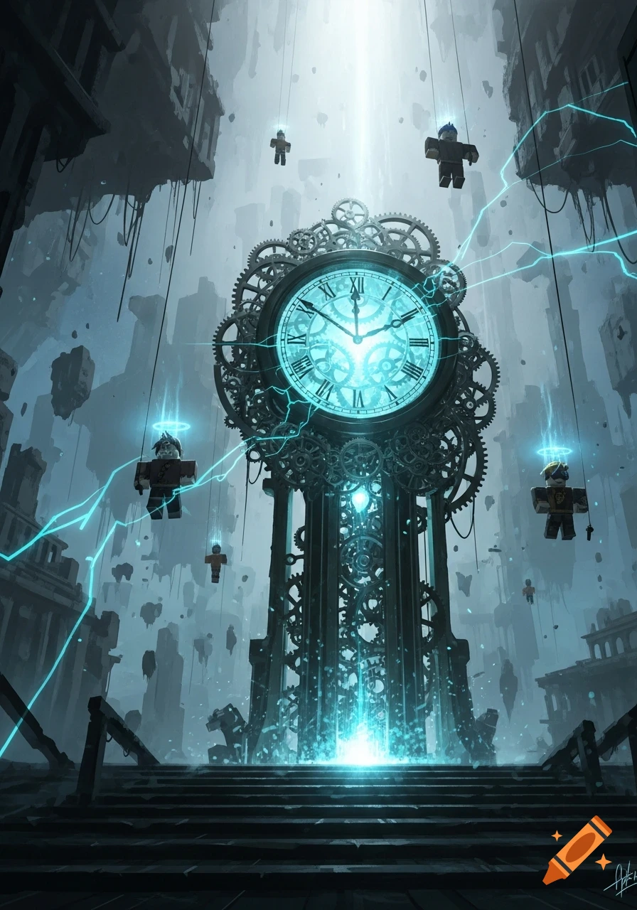 A giant, glowing clock tower with intricate gears stands in a dark, ruined city with floating debris. Neon blue lightning emanates from the clock as blocky Roblox-style figures float around.