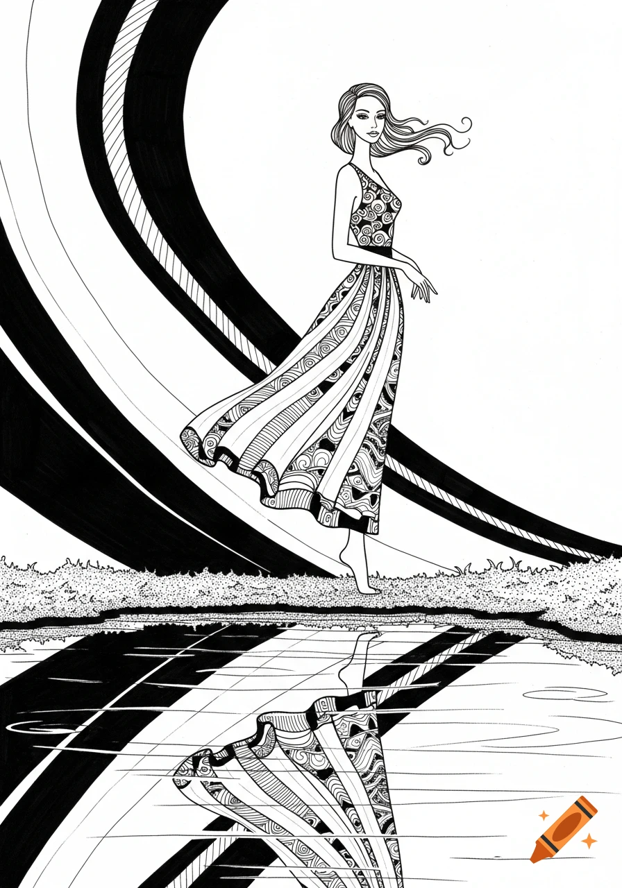 Black and white ink illustration of a graceful woman in a patterned dress, with flowing hair, standing by a reflective pond with abstract lines.
