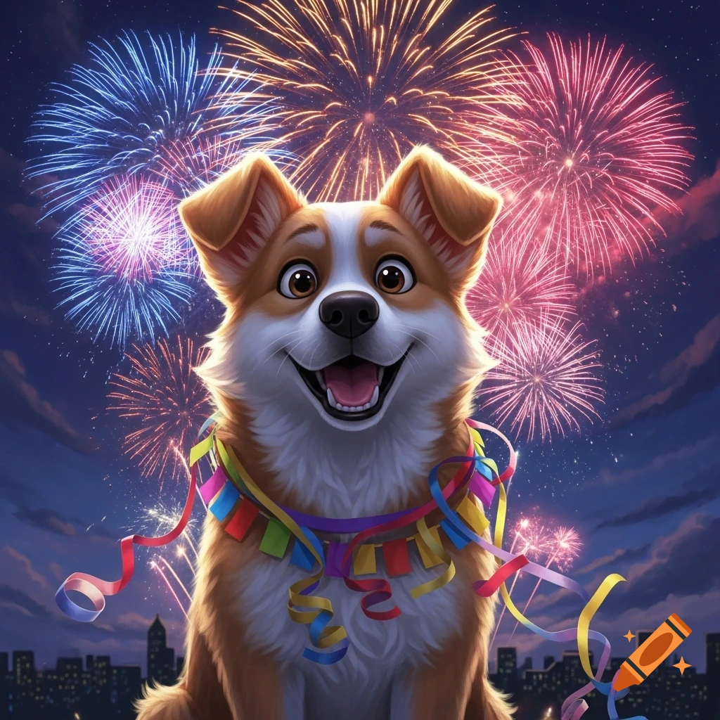 A happy cartoon corgi wearing colorful streamers and party decorations, sitting in front of a vibrant fireworks display over a city skyline at night.