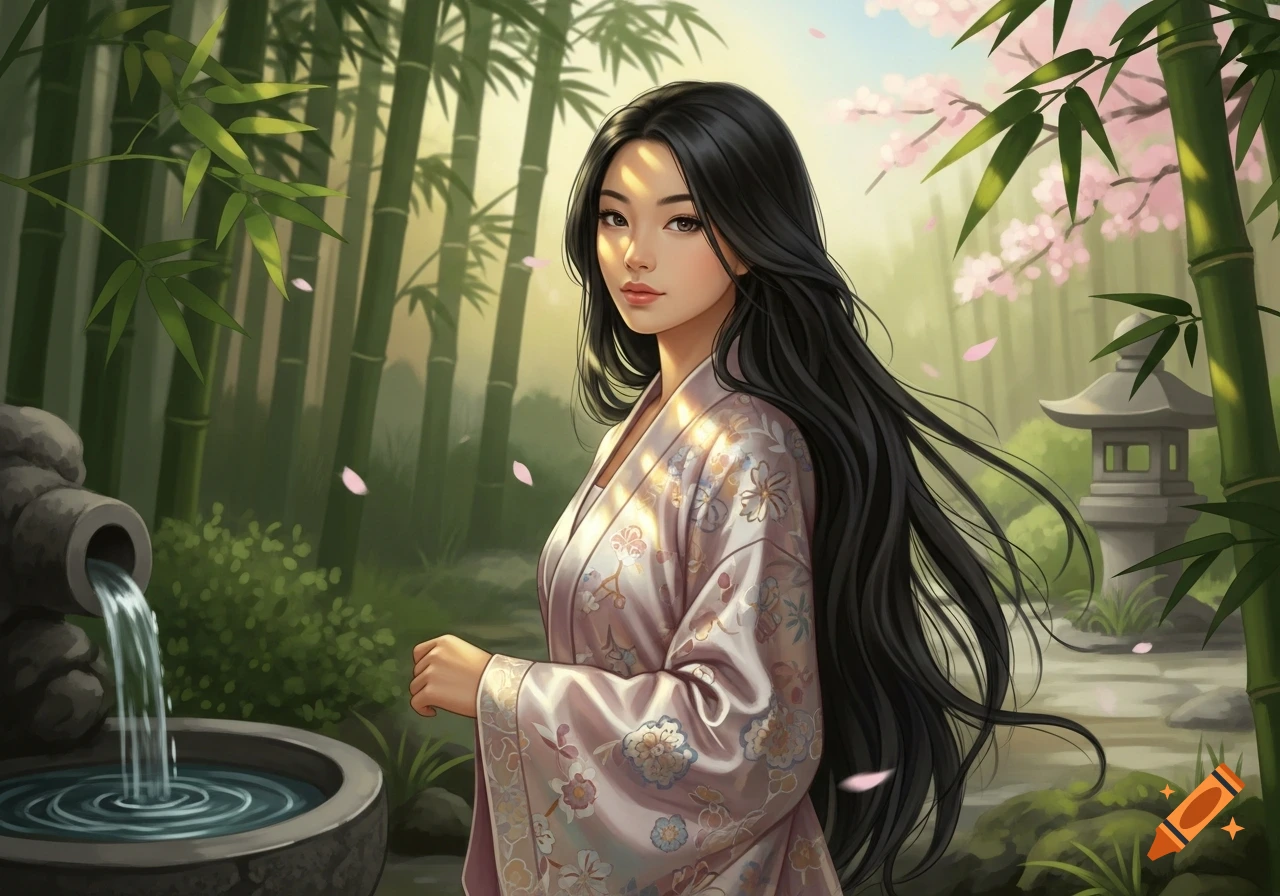 An illustrated Asian woman in a pink floral kimono stands in a tranquil bamboo forest with a water feature and cherry blossoms.