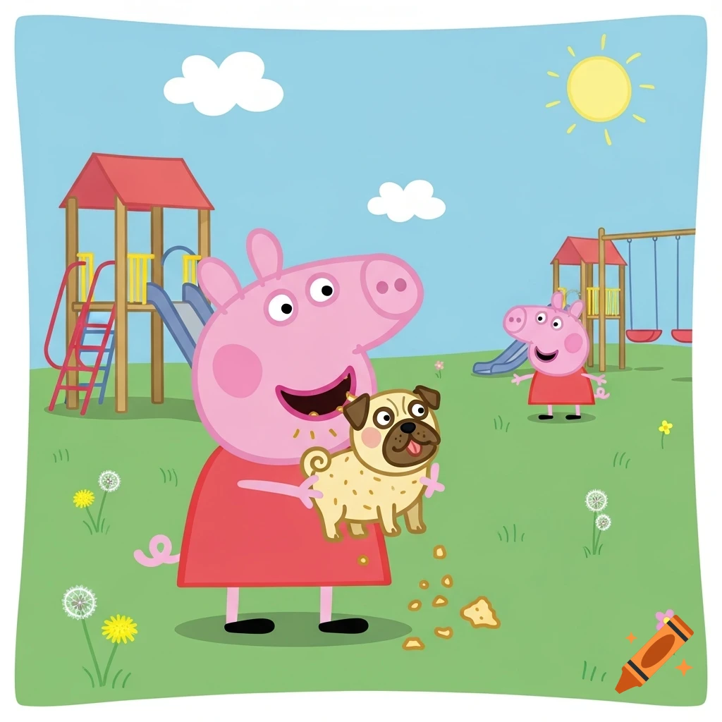 A large cartoon pink pig holds a pug with crumbs around its mouth, in a sunny playground with another pig and play equipment.