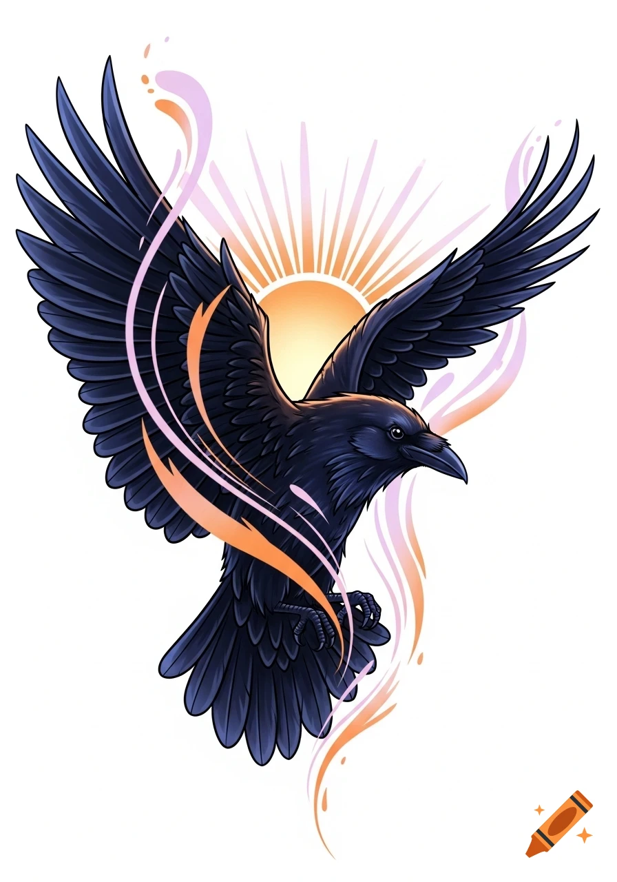A stylized black raven with wings spread wide, silhouetted against a glowing orange sunburst and ethereal pink and orange wisps.