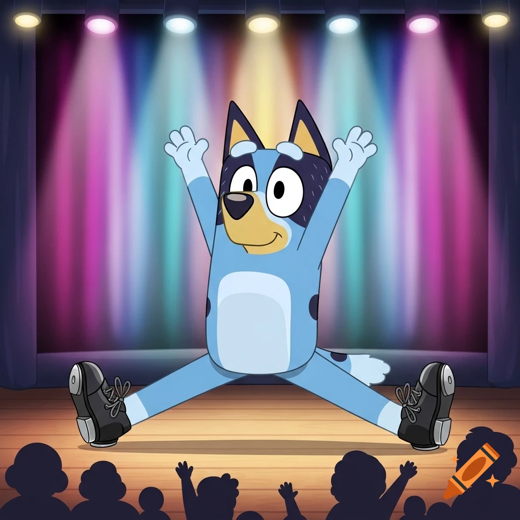 Bluey Heeler, a blue cartoon dog, does a split on a stage with hands raised, wearing black tap shoes, under colorful spotlights.