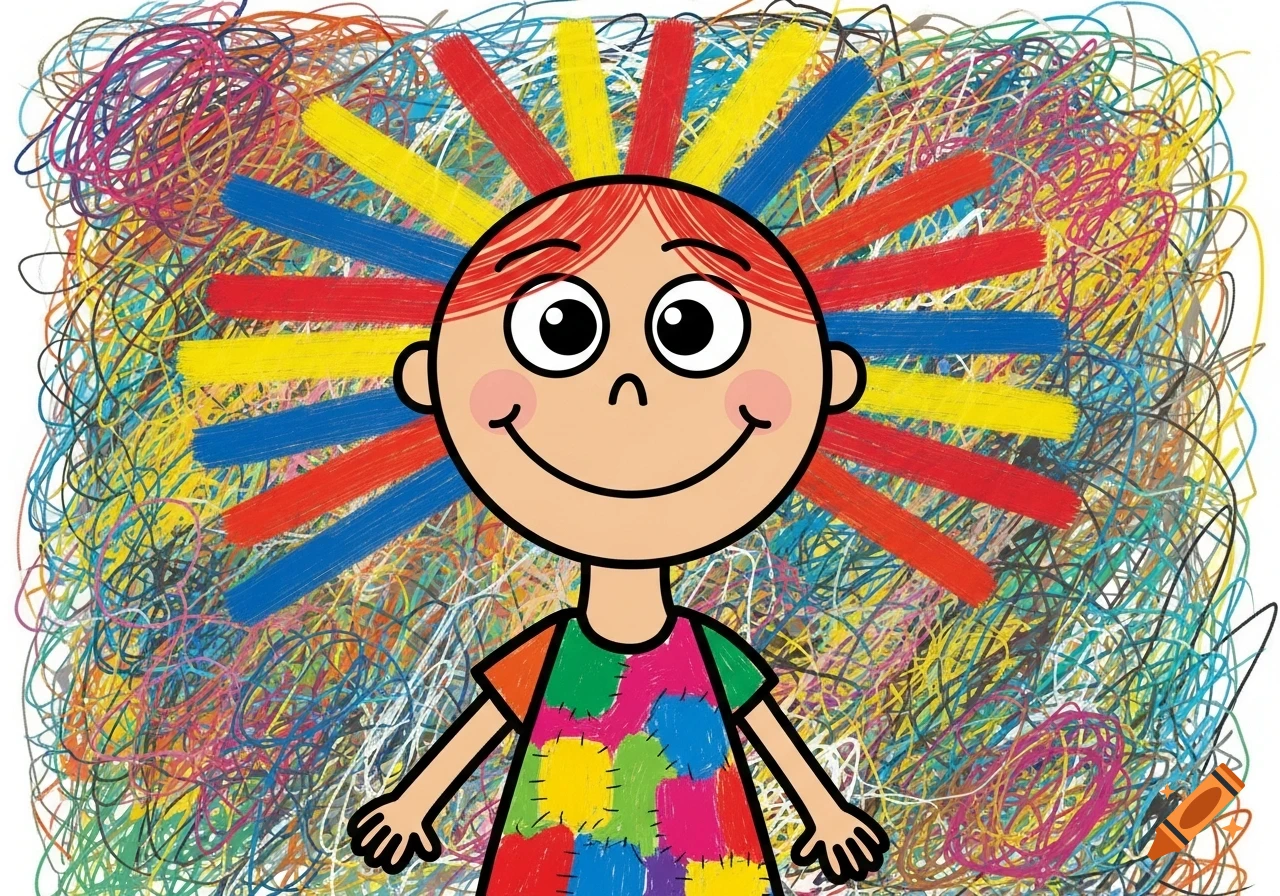 A cartoon character with red hair and multi-colored striped spikes for hair, wearing a patchwork dress, stands against a chaotic scribbled background.