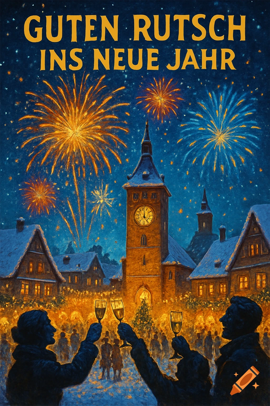 New Year's Eve painting: people toast in a snowy town square, fireworks above a clock tower. Text: Guten Rutsch ins neue Jahr.