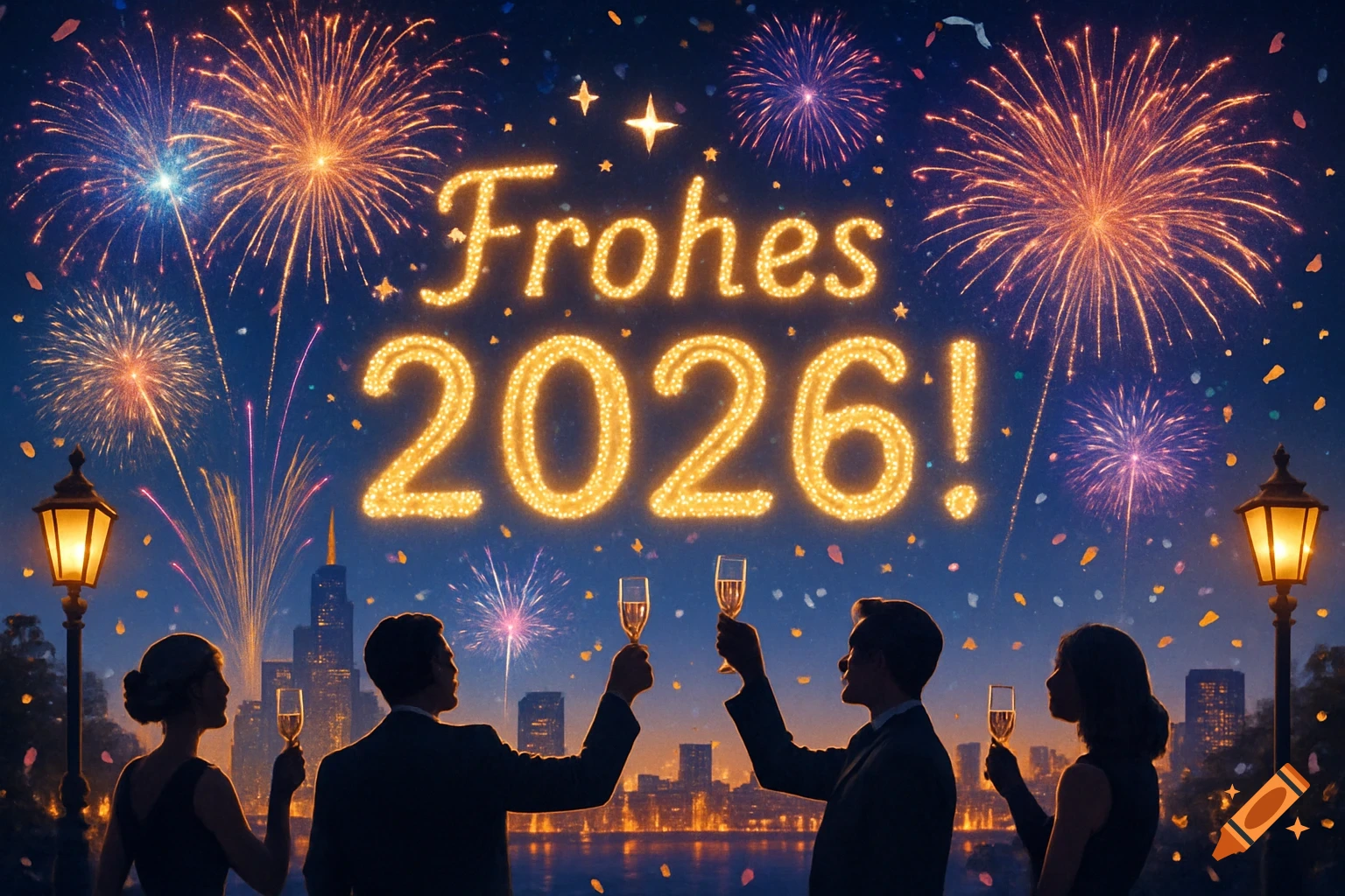 People toast champagne under a fireworks display and the glowing text 'Frohes 2026!' above a city skyline at night.