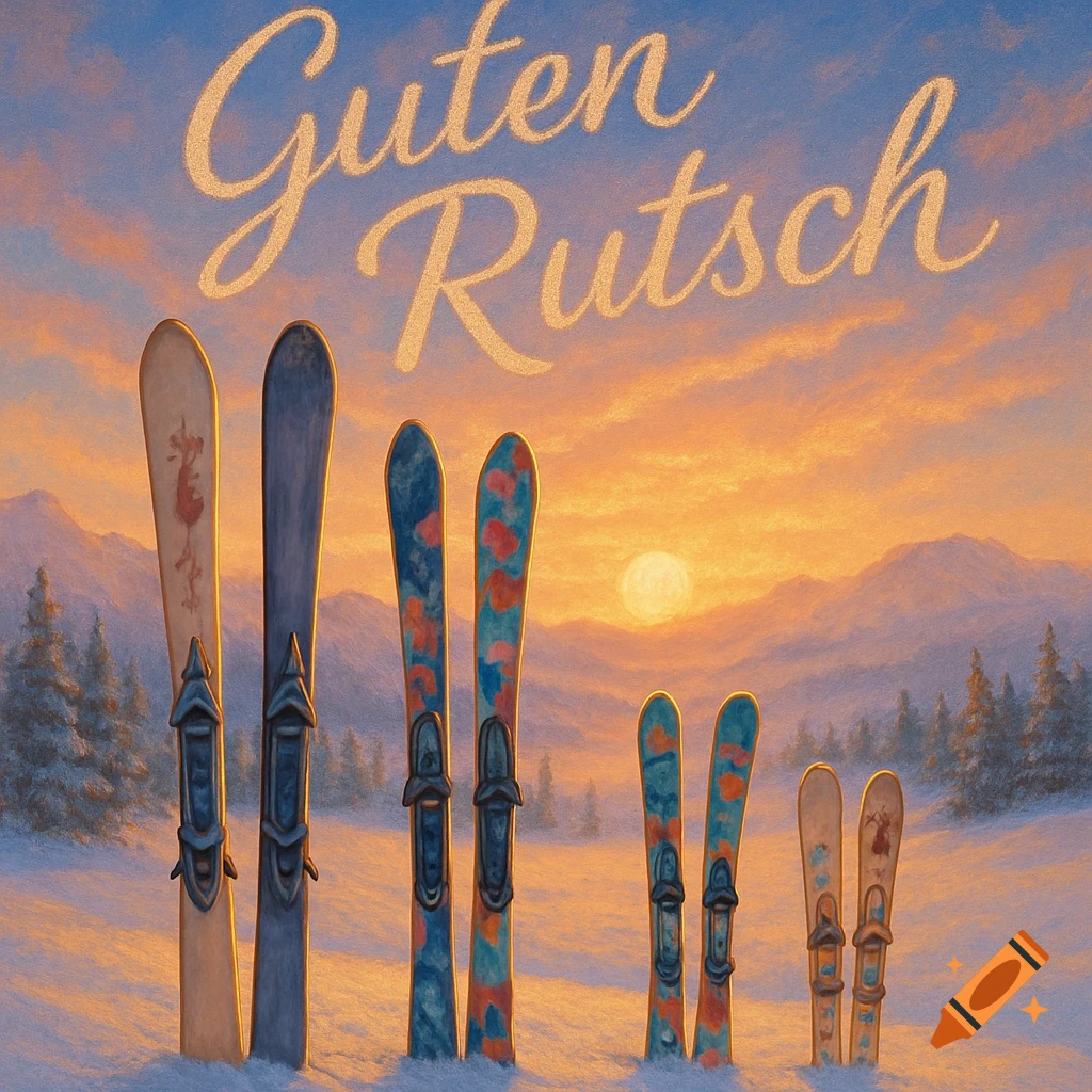 Skis of varying sizes stand upright in a snowy mountain landscape at sunset, with 'Guten Rutsch' in golden script above.