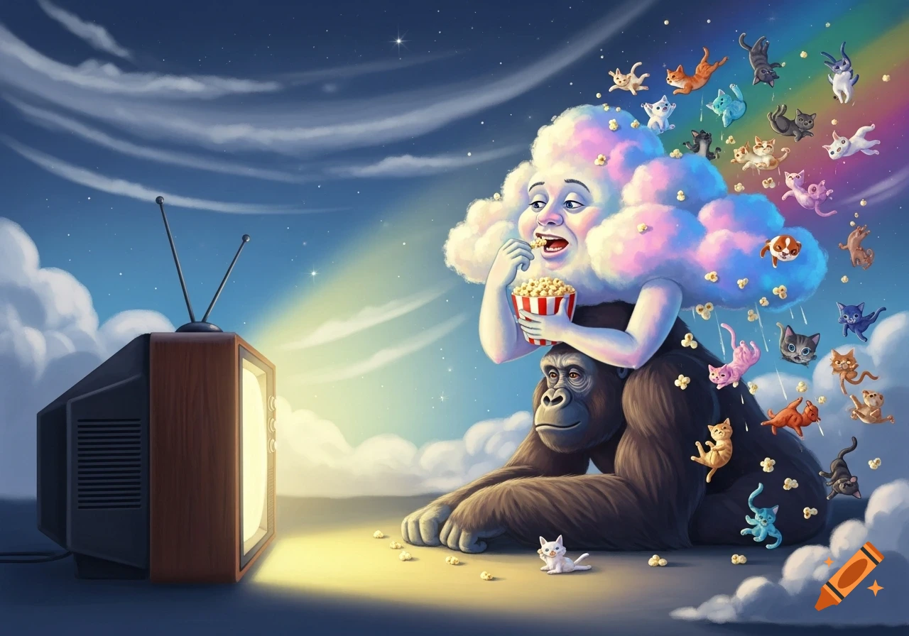 A whimsical cloud creature with human arms eats popcorn on a gorilla's body, watching TV as tiny cats and dogs rain from a rainbow sky.