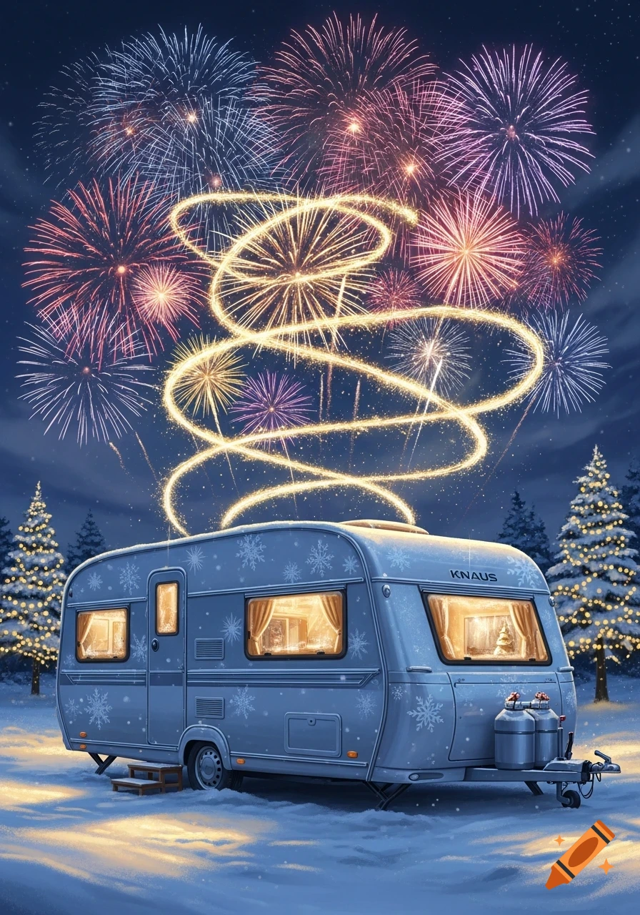 A blue camper van in a snowy winter landscape under a night sky with colorful fireworks and golden light trails.