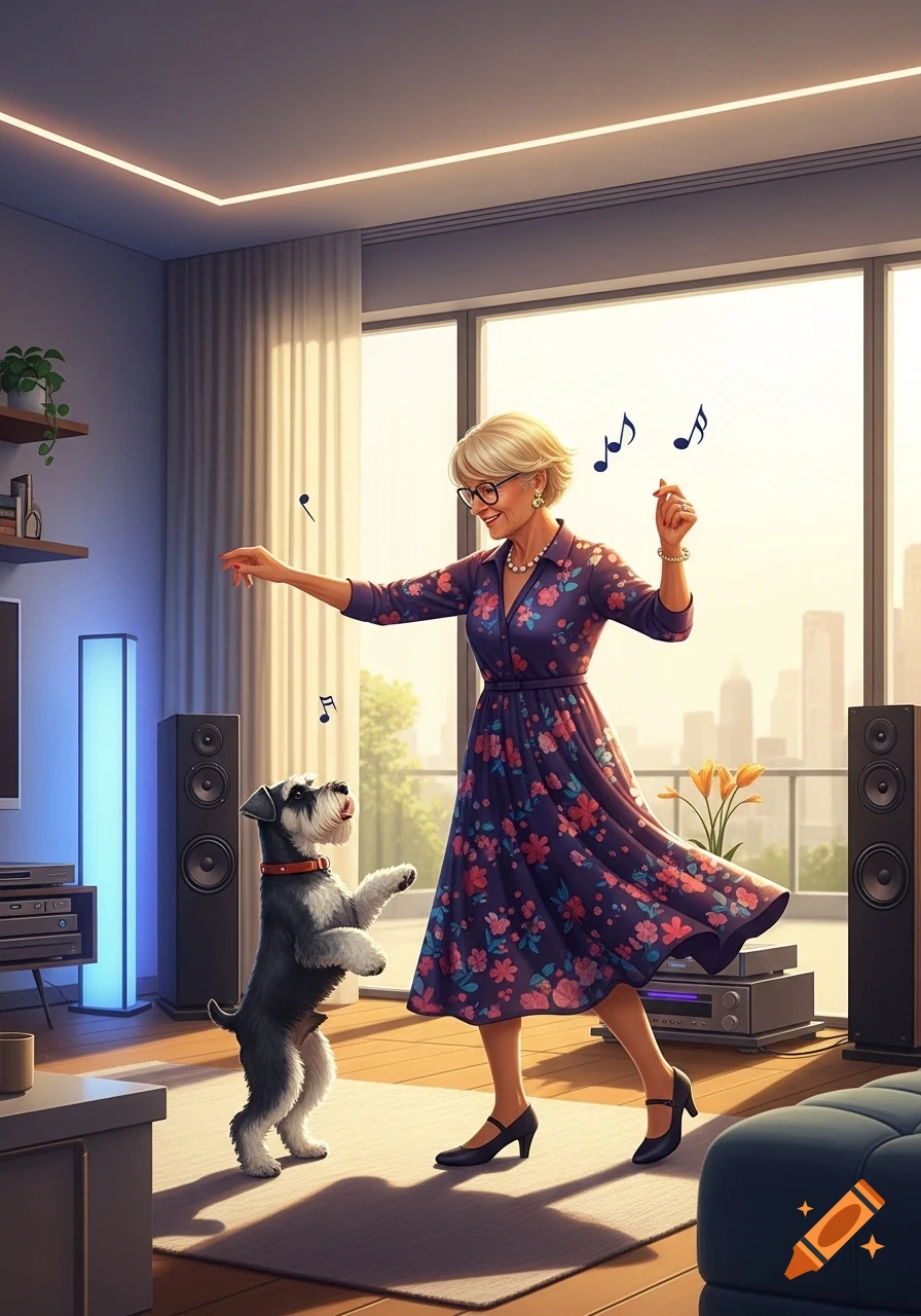 An old woman with short blonde hair and glasses dances with a miniature schnauzer in a modern living room, with musical notes floating around them.