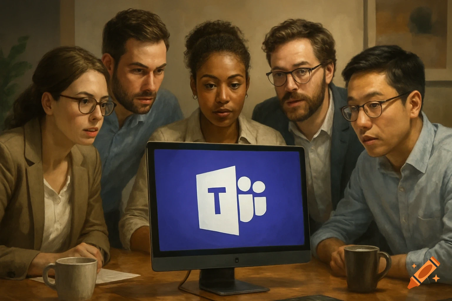 A diverse group of five professionals intently watch a computer screen displaying the Microsoft Teams logo on a blue background.