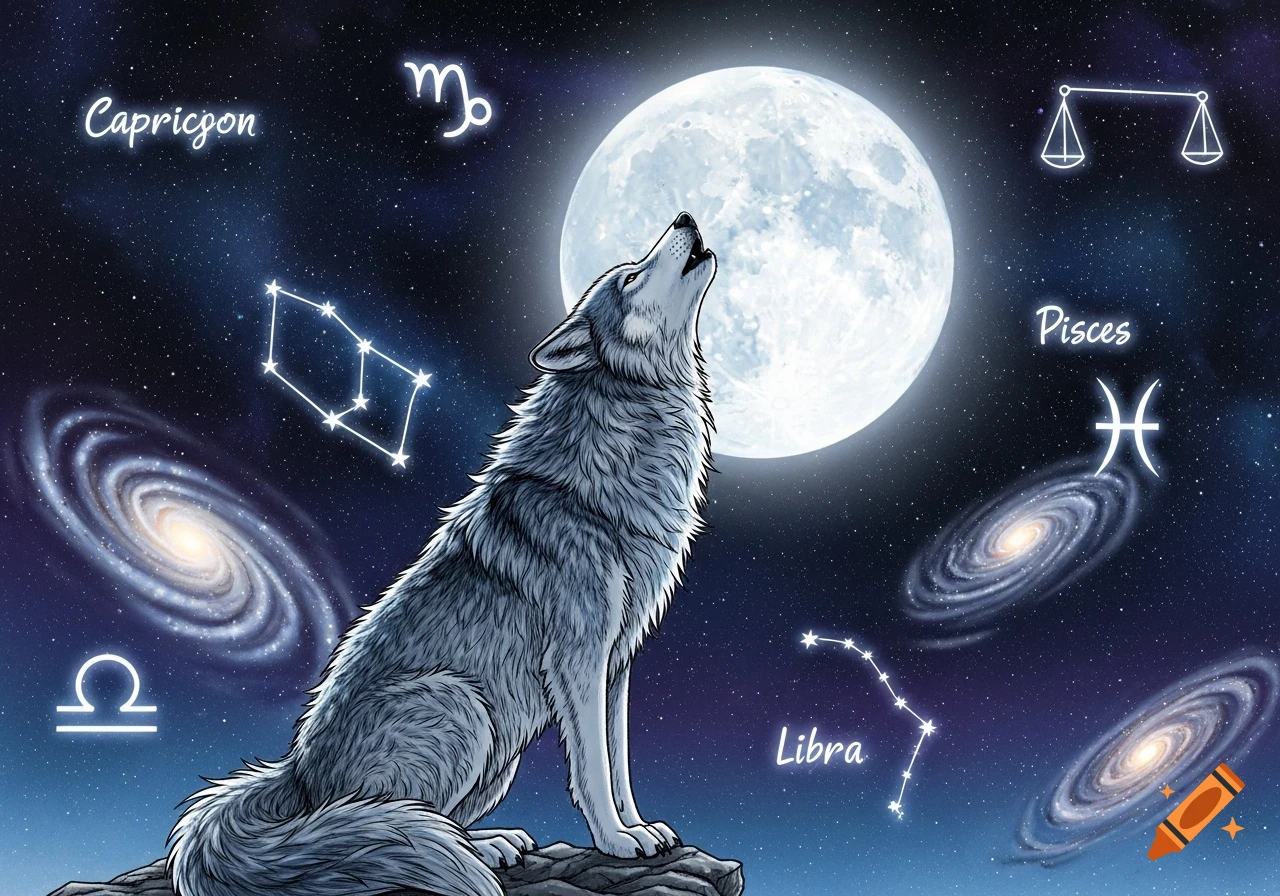 Manga-style wolf howling at a full moon in space, surrounded by galaxies and zodiac constellations with text.