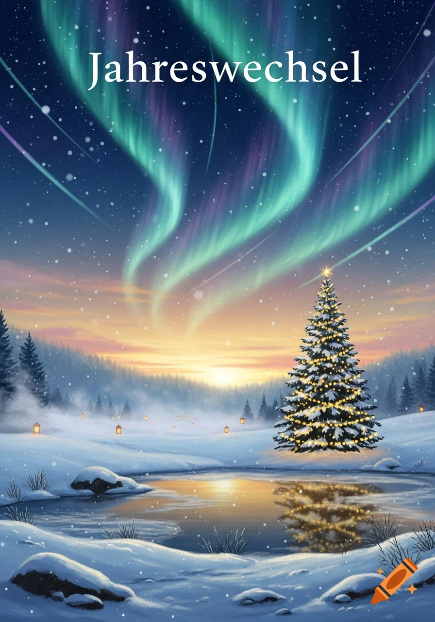 A snowy winter landscape featuring a decorated Christmas tree by a reflective pond, under a sunset sky with aurora borealis and text that reads "Jahreswechsel".