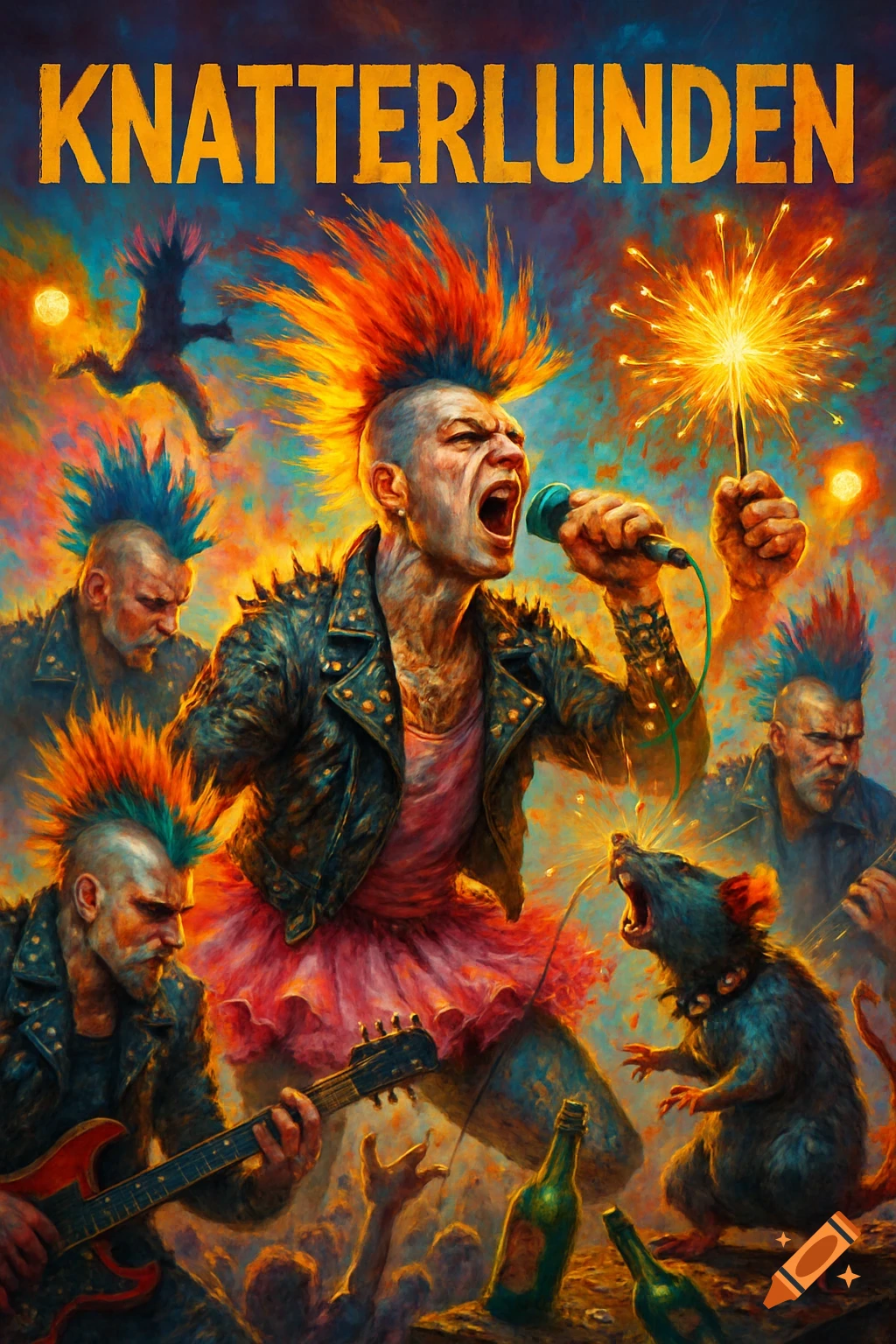 A vibrant, painterly illustration of a chaotic punk rock concert. A mohawked singer in a pink tutu screams into a mic, holding a sparkler. Other punks play guitar, while a rat "sings" nearby. Alcohol bottles and blurry crowd members fill the foreground.