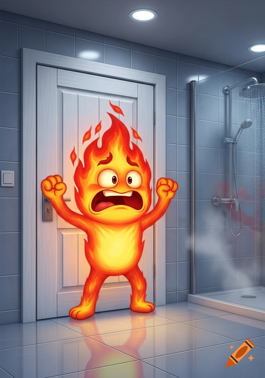 A cartoon fire character with a distressed expression stands in a bathroom by a closed door, with a running shower nearby.