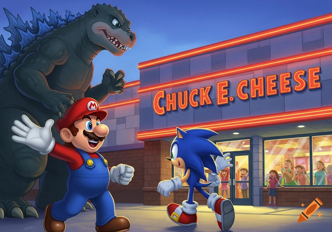 Mario and Sonic stand in front of a Chuck E. Cheese, with Godzilla lurking behind them, in a vibrant cartoon style.