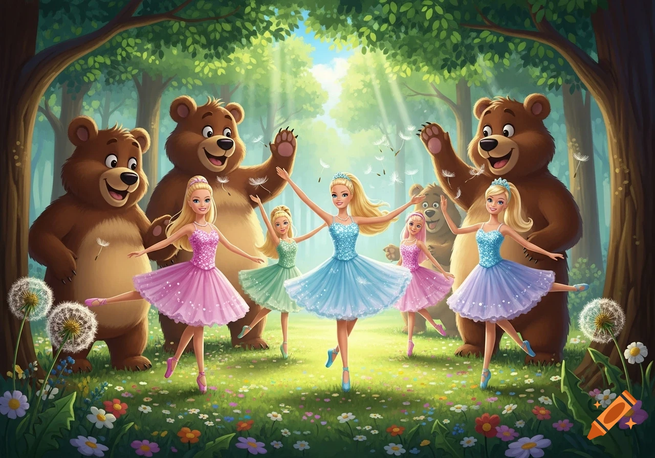 Cartoon illustration of Barbie dolls in tutus dancing ballet with happy bears in a sunny, flower-filled forest.