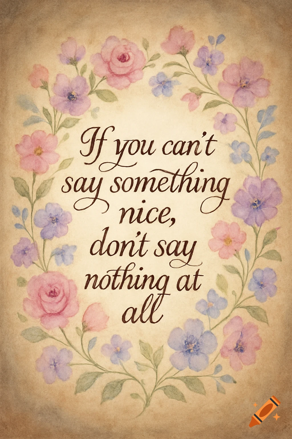 Vintage-style watercolor illustration of a floral wreath in pink, purple, and blue around the quote "If you can't say something nice, don't say nothing at all".
