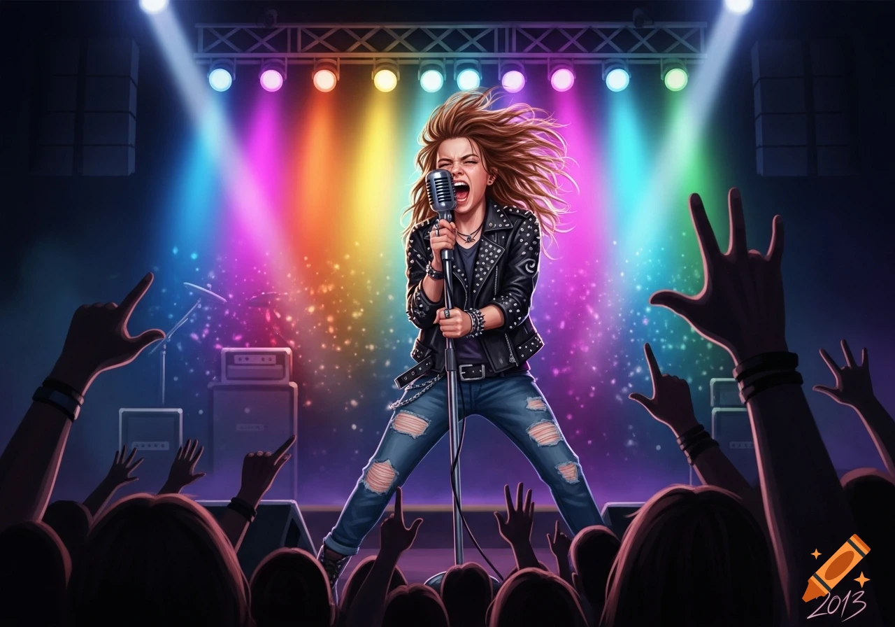 A female rock singer with flowing hair and a leather jacket passionately sings into a microphone on a vibrant stage under colorful spotlights, with a cheering crowd in the foreground.
