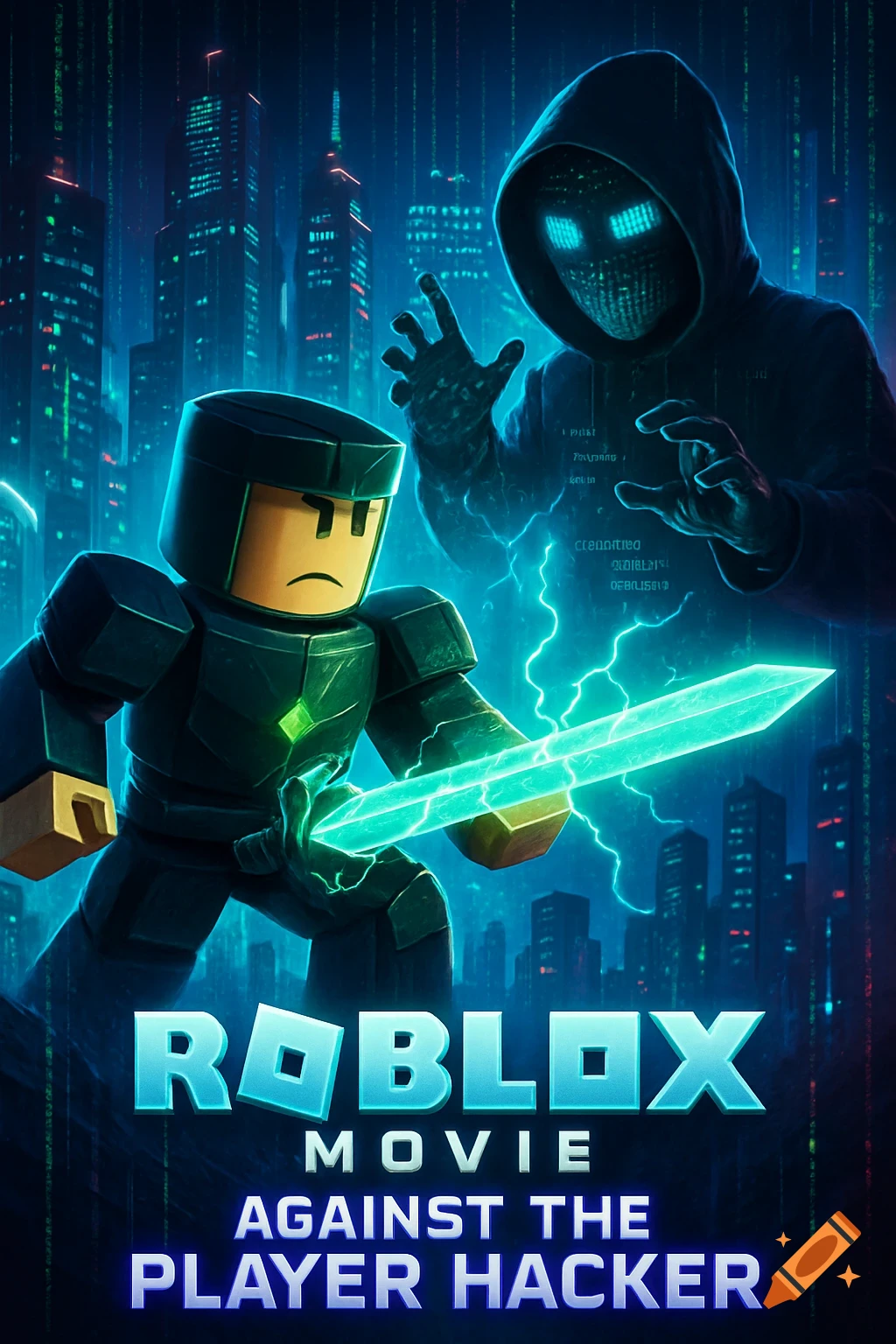 Roblox movie poster showing a blocky character with a glowing sword facing a hooded hacker in a neon city with digital code.
